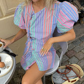 Fresh Casual V Neck Striped Printed Puff Sleeves Irregular Asymmetric Lace Up Dress